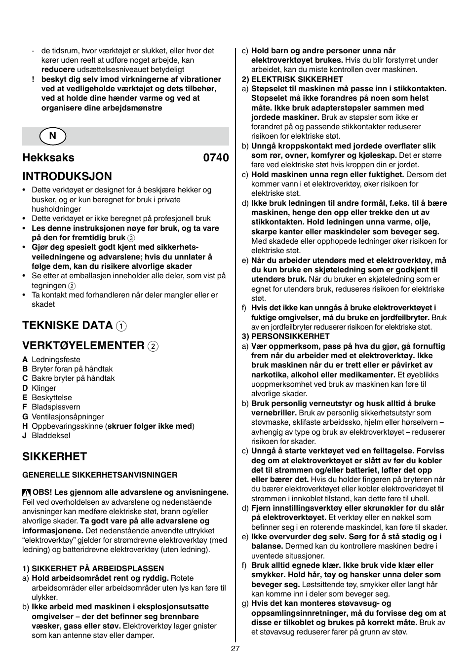 Hekksaks 0740 introduksjon, Tekniske data 1 verktøyelementer 2, Sikkerhet | Skil 0740 RT User Manual | Page 27 / 124