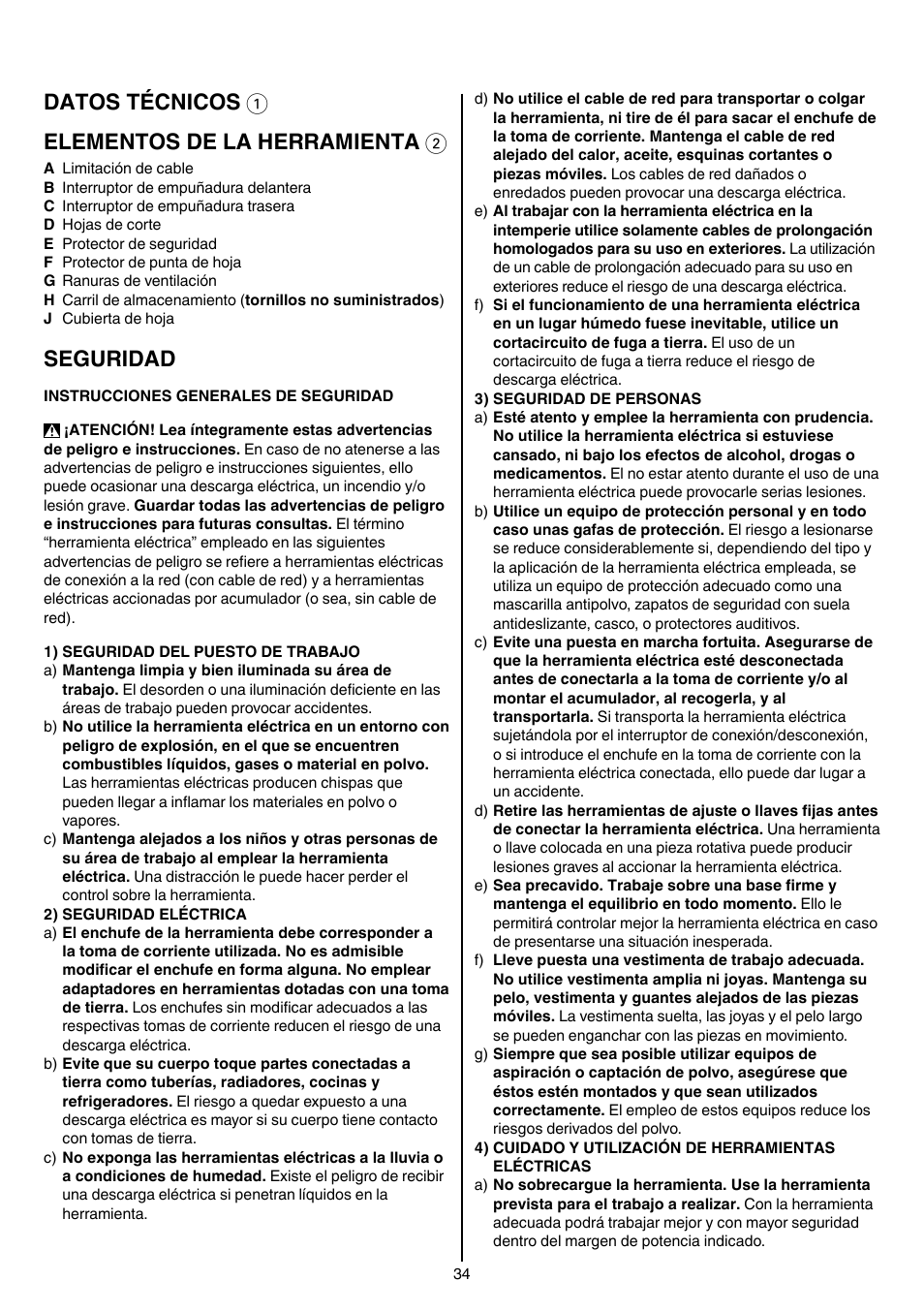 Datos técnicos 1 elementos de la herramienta 2, Seguridad | Skil 0740 RT User Manual | Page 34 / 124