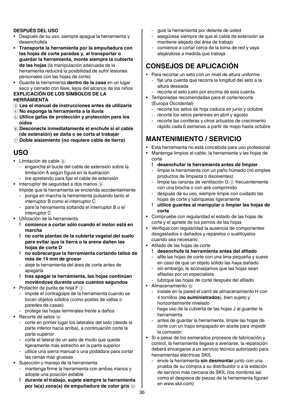 Consejos de aplicación, Mantenimiento / servicio | Skil 0740 RT User Manual | Page 36 / 124