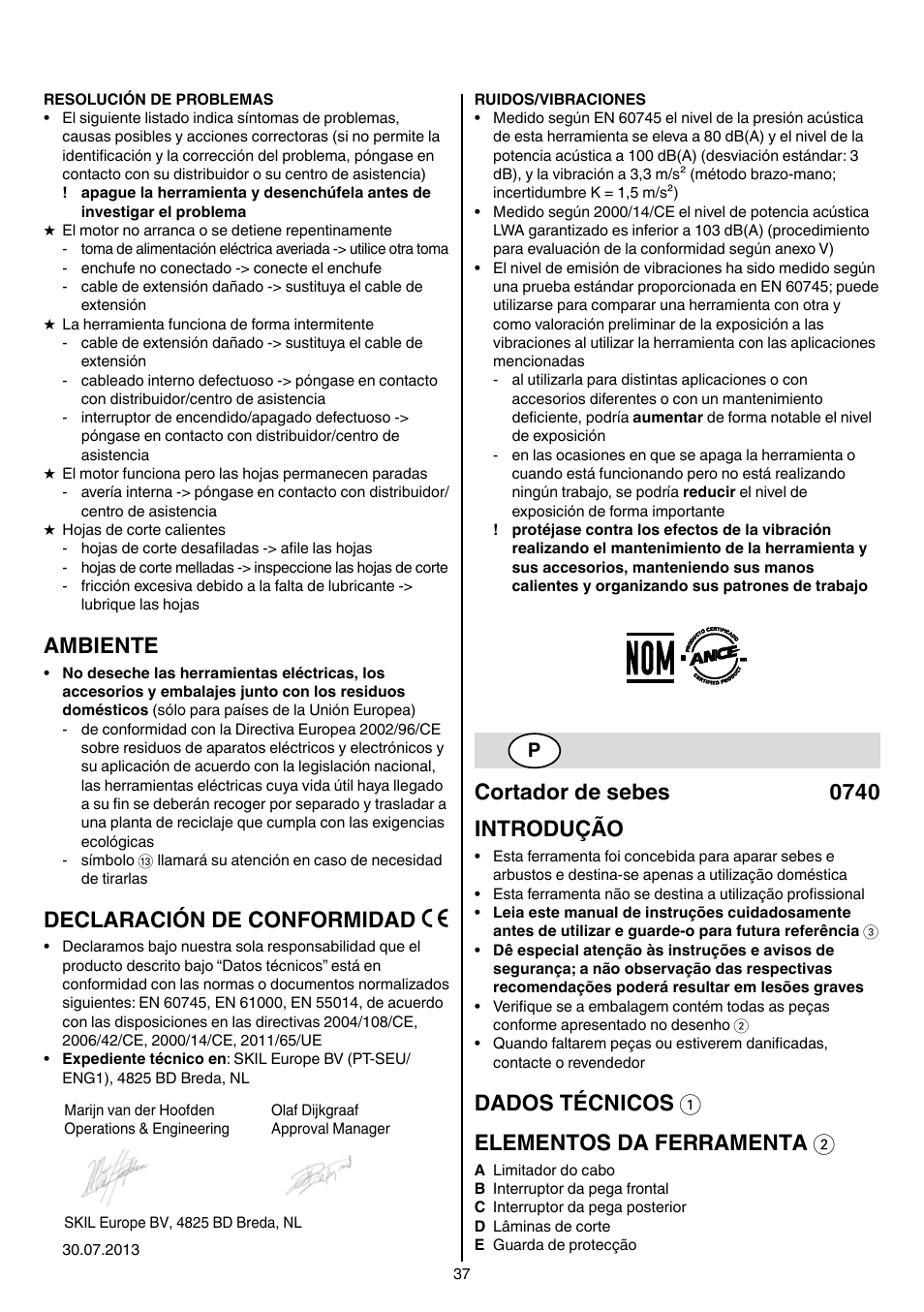 Ambiente, Declaración de conformidad, Cortador de sebes 0740 introdução | Dados técnicos 1 elementos da ferramenta 2 | Skil 0740 RT User Manual | Page 37 / 124