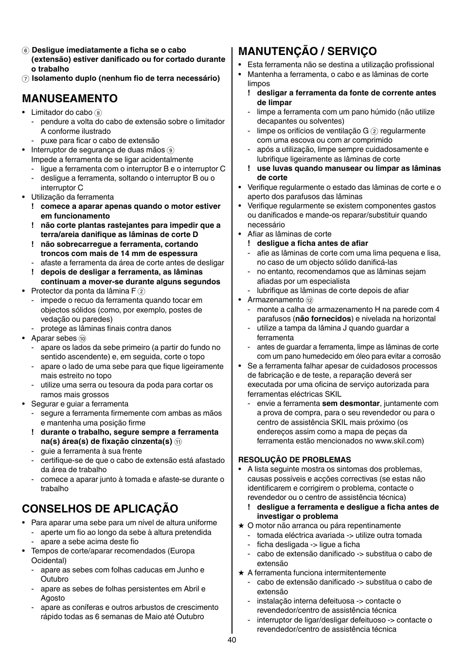 Manuseamento, Conselhos de aplicação, Manutenção / serviço | Skil 0740 RT User Manual | Page 40 / 124