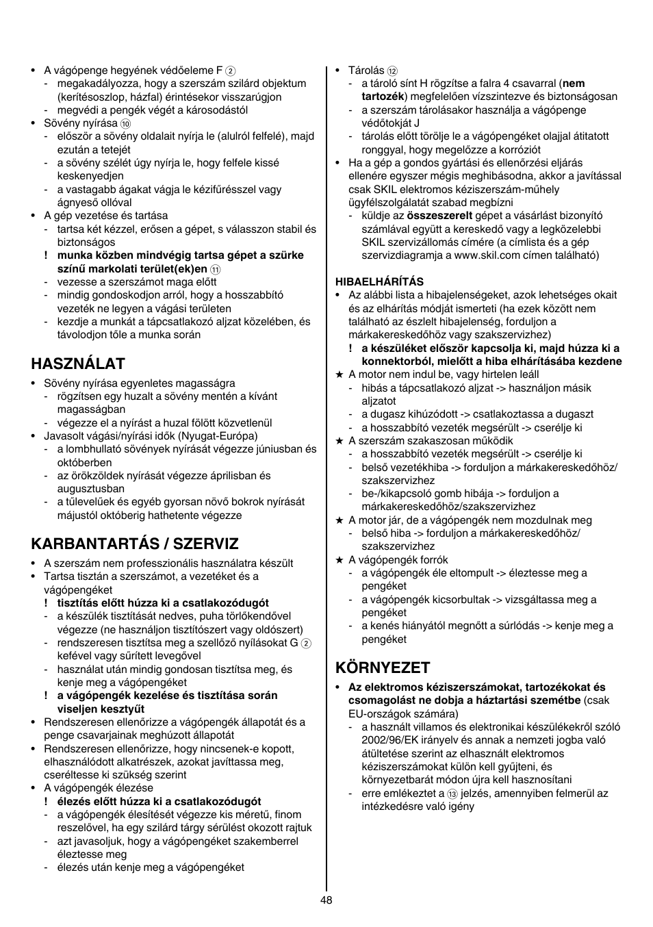 Használat, Karbantartás / szerviz, Környezet | Skil 0740 RT User Manual | Page 48 / 124