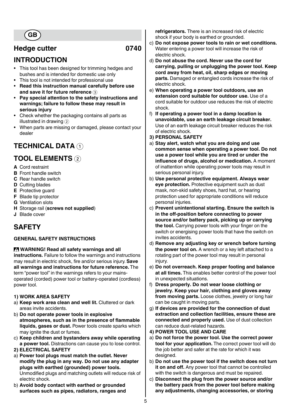 Hedge cutter 0740 introduction, Technical data 1 tool elements 2, Safety | Skil 0740 RT User Manual | Page 5 / 124