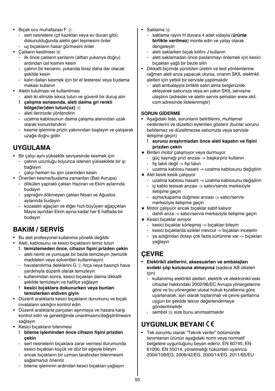 Uygulama, Bakim / servis, Çevre | Uygunluk beyani | Skil 0740 RT User Manual | Page 55 / 124