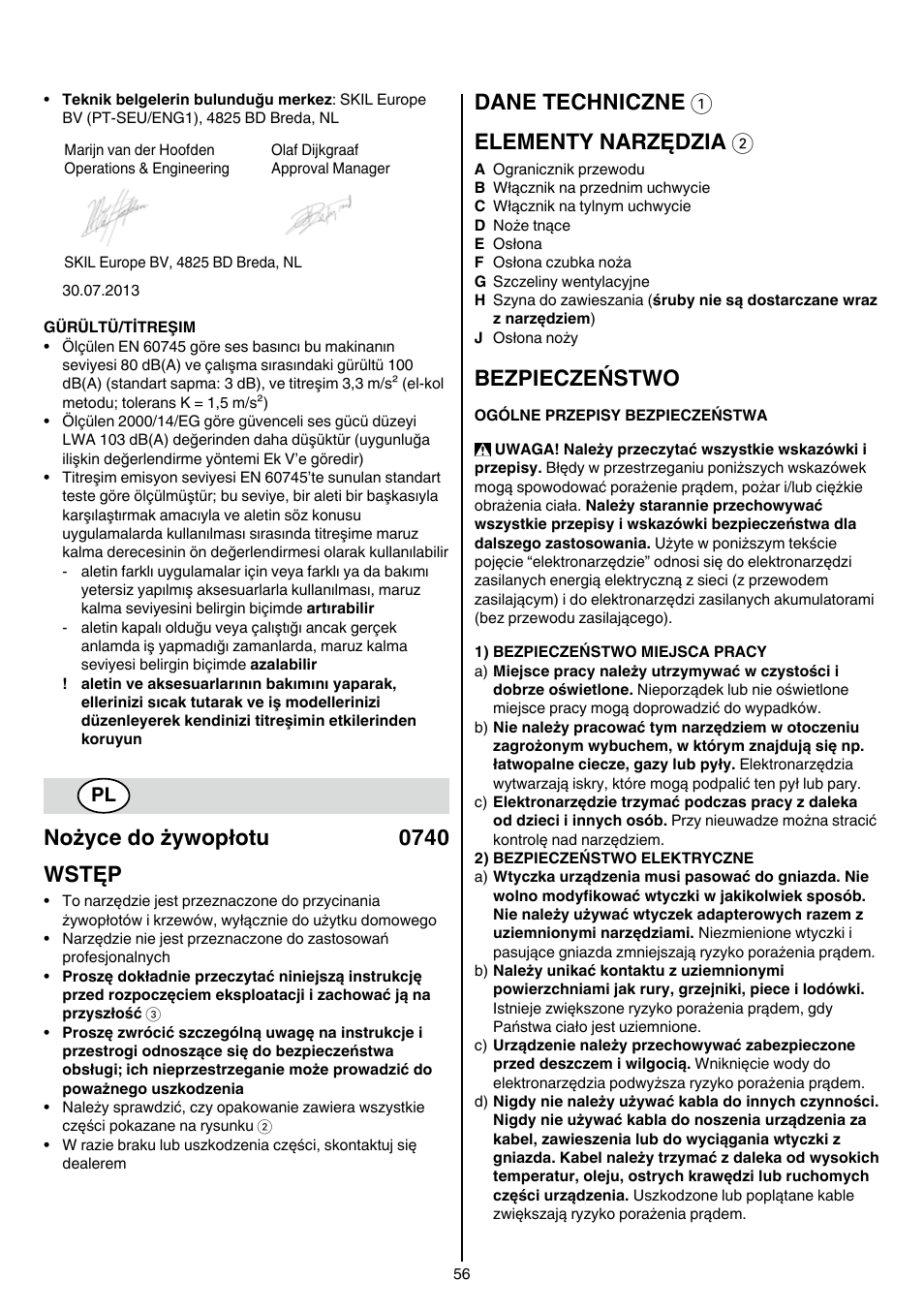 Nożyce do żywopłotu 0740 wstęp, Dane techniczne 1 elementy narzędzia 2, Bezpieczeństwo | Skil 0740 RT User Manual | Page 56 / 124