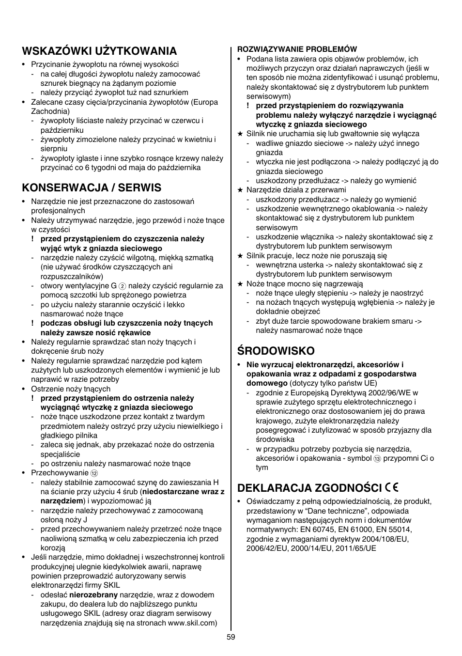 Wskazówki użytkowania, Konserwacja / serwis, Środowisko | Deklaracja zgodności | Skil 0740 RT User Manual | Page 59 / 124