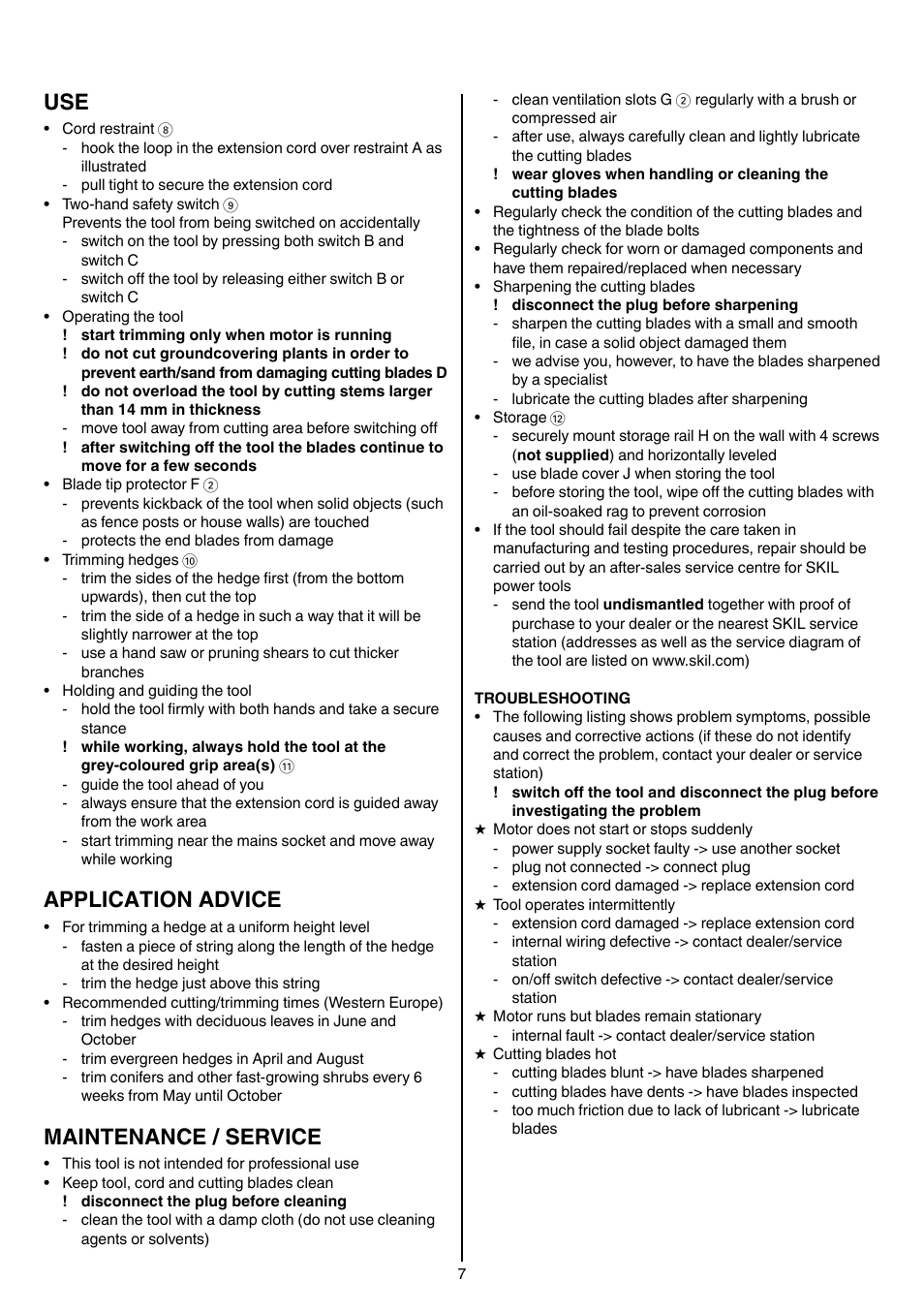 Application advice, Maintenance / service | Skil 0740 RT User Manual | Page 7 / 124