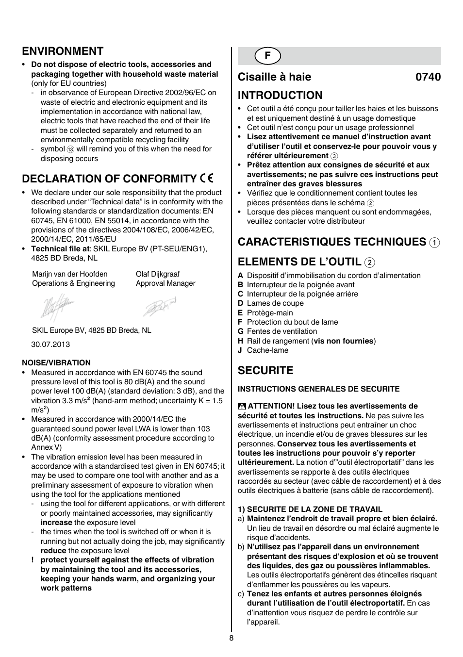 Environment, Declaration of conformity, Cisaille à haie 0740 introduction | Securite | Skil 0740 RT User Manual | Page 8 / 124