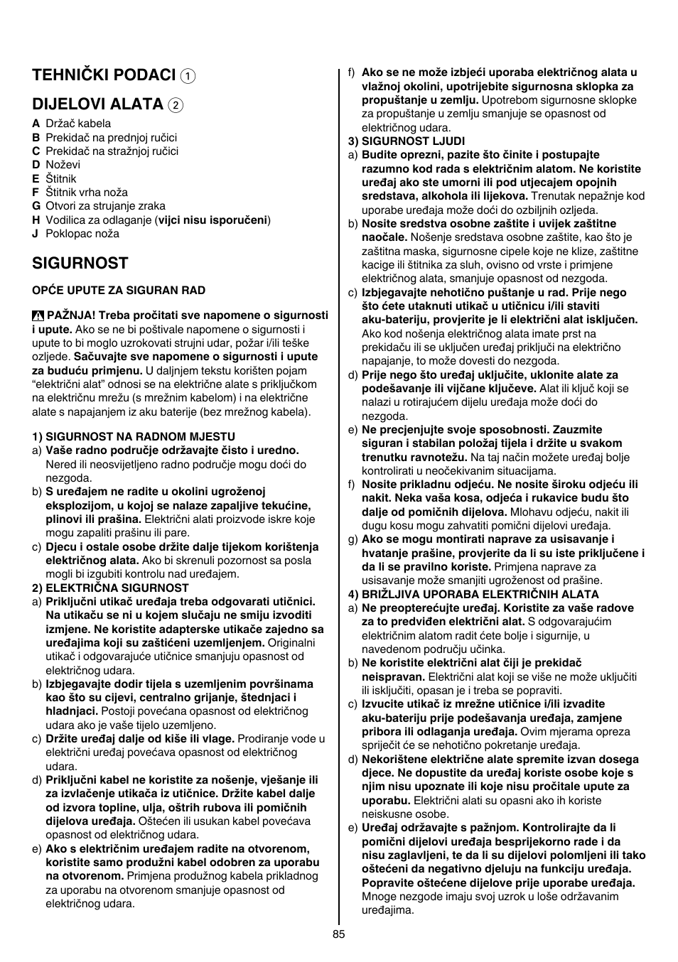 Tehnički podaci 1 dijelovi alata 2, Sigurnost | Skil 0740 RT User Manual | Page 85 / 124