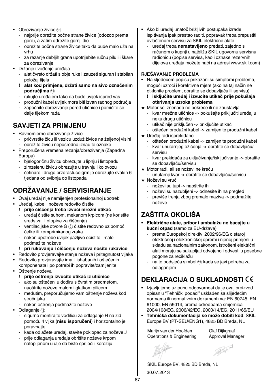 Savjeti za primjenu, Održavanje / servisiranje, Zaštita okoliša | Deklaracija o sukladnosti | Skil 0740 RT User Manual | Page 87 / 124