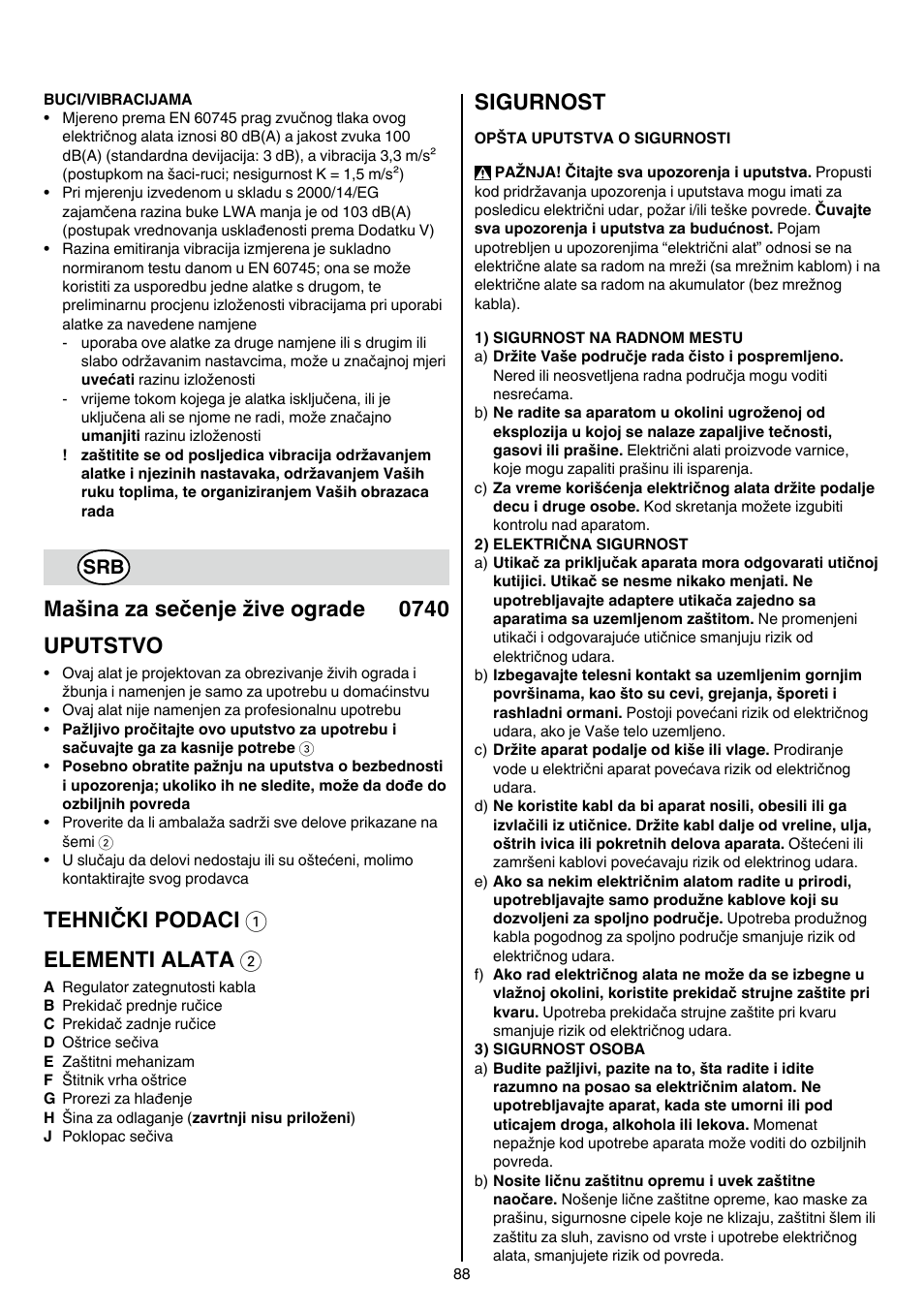 Mašina za sečenje žive ograde 0740 uputstvo, Tehnički podaci 1 elementi alata 2, Sigurnost | Skil 0740 RT User Manual | Page 88 / 124