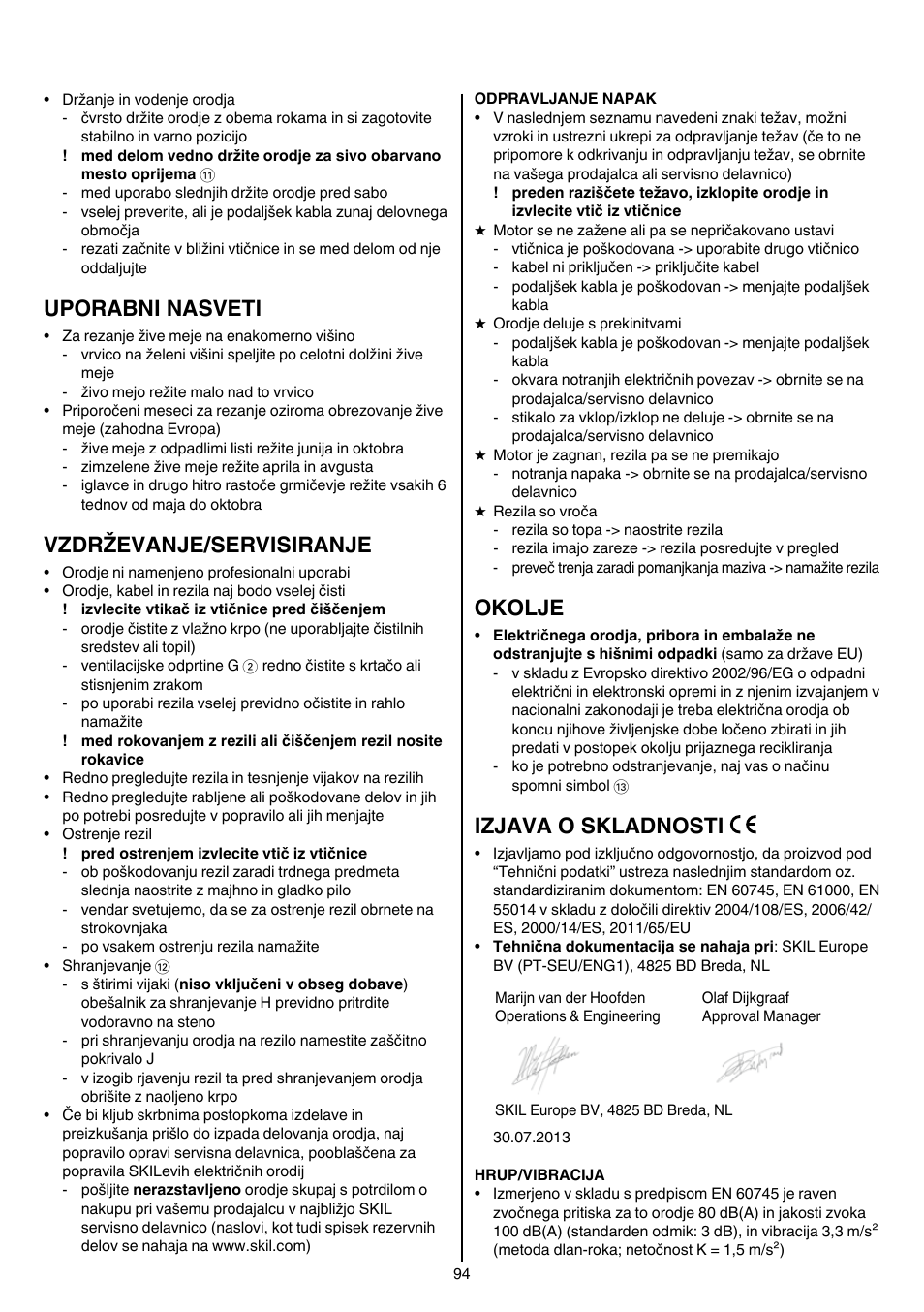 Uporabni nasveti, Vzdrževanje/servisiranje, Okolje | Izjava o skladnosti | Skil 0740 RT User Manual | Page 94 / 124