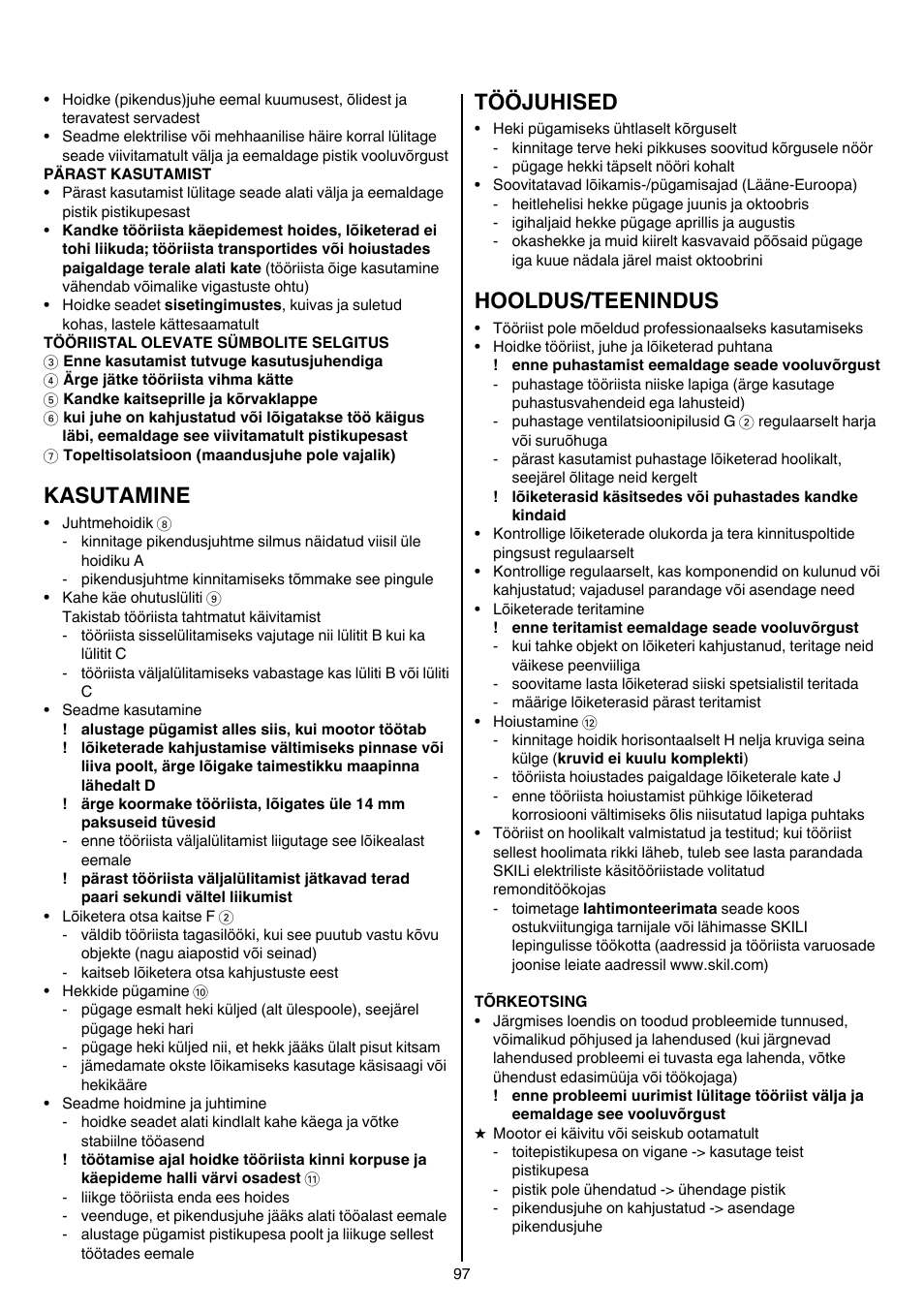 Kasutamine, Tööjuhised, Hooldus/teenindus | Skil 0740 RT User Manual | Page 97 / 124