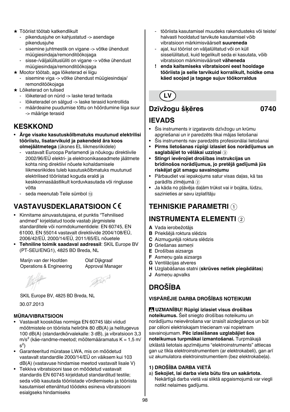 Keskkond, Vastavusdeklaratsioon, Dzīvžogu šķēres 0740 ievads | Tehniskie parametri 1 instrumenta elementi 2, Drošība | Skil 0740 RT User Manual | Page 98 / 124
