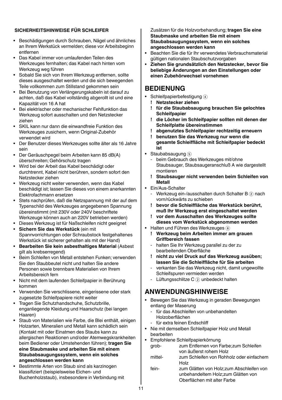 Bedienung, Anwendungshinweise | Skil 7003 AA User Manual | Page 11 / 96