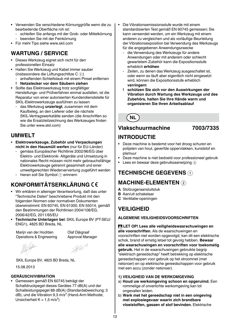 Wartung / service, Umwelt, Konformitätserklärung | Technische gegevens 1 machine-elementen 2, Veiligheid | Skil 7003 AA User Manual | Page 12 / 96