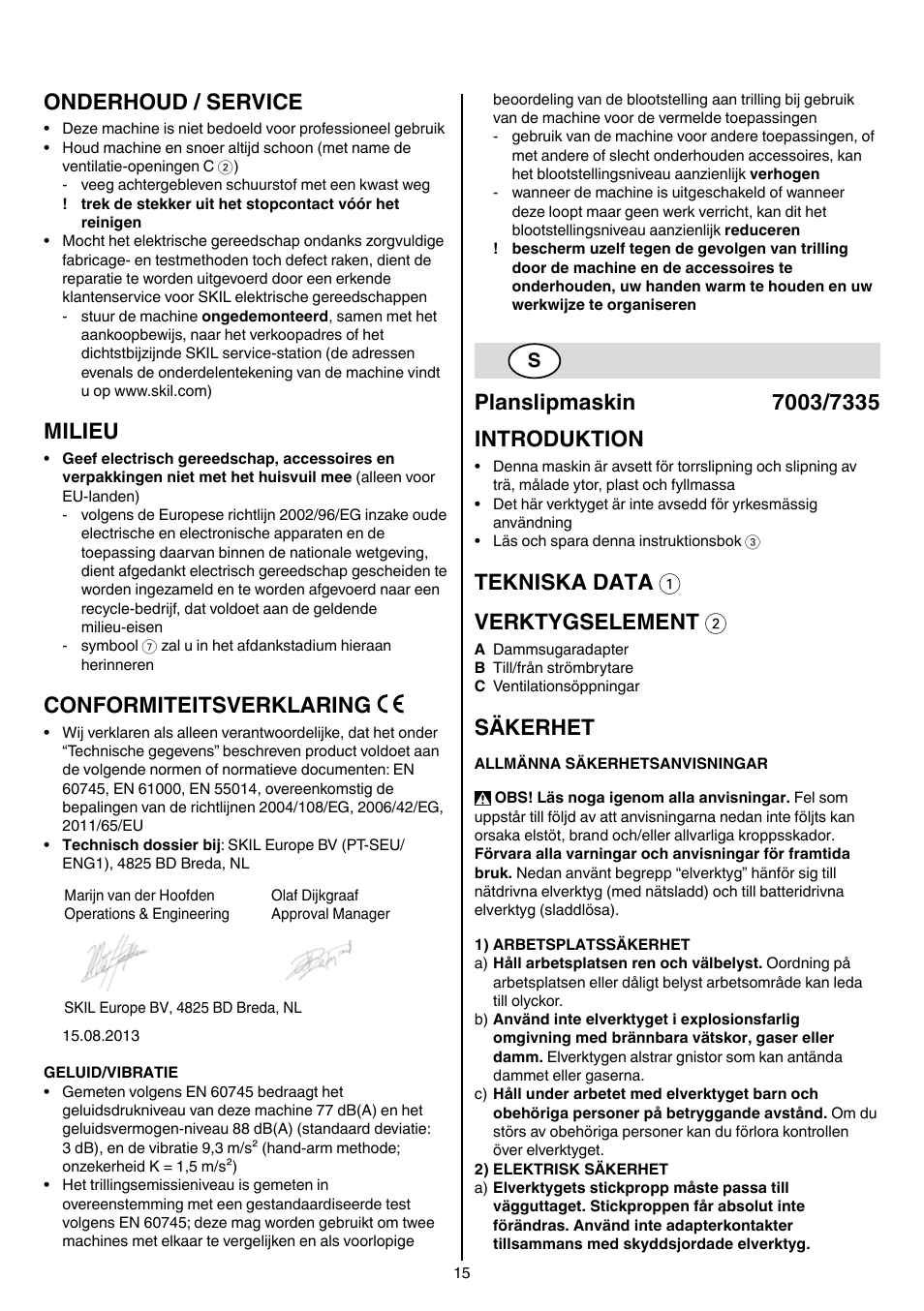 Onderhoud / service, Milieu, Conformiteitsverklaring | Tekniska data 1 verktygselement 2, Säkerhet | Skil 7003 AA User Manual | Page 15 / 96