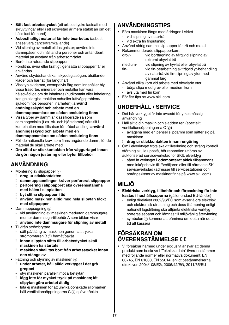 Användning, Användningstips, Underhåll / service | Miljö, Försäkran om överensstämmelse | Skil 7003 AA User Manual | Page 17 / 96