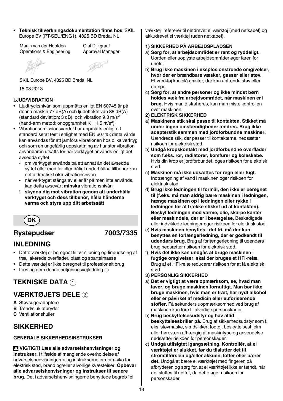 Tekniske data 1 værktøjets dele 2, Sikkerhed | Skil 7003 AA User Manual | Page 18 / 96