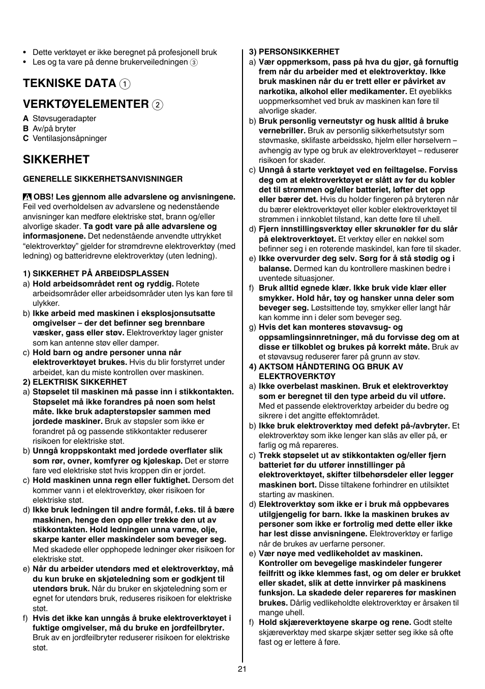 Tekniske data 1 verktøyelementer 2, Sikkerhet | Skil 7003 AA User Manual | Page 21 / 96