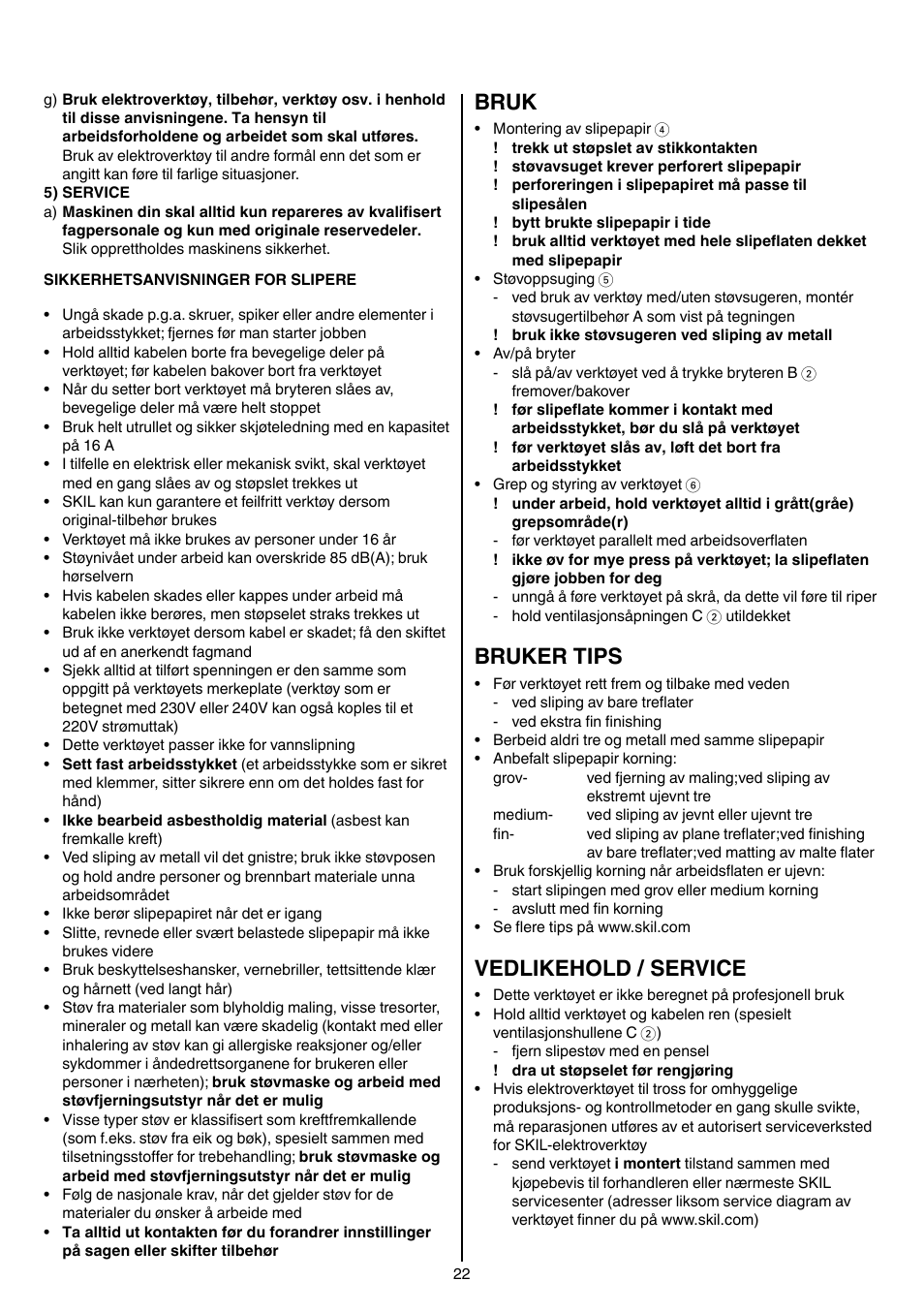 Bruk, Bruker tips, Vedlikehold / service | Skil 7003 AA User Manual | Page 22 / 96