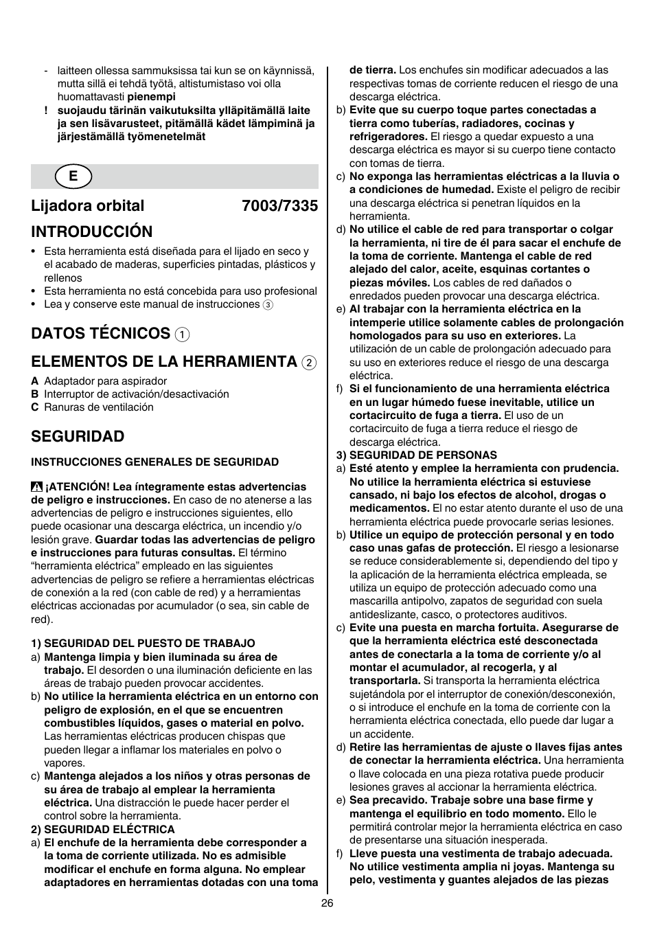 Datos técnicos 1 elementos de la herramienta 2, Seguridad | Skil 7003 AA User Manual | Page 26 / 96