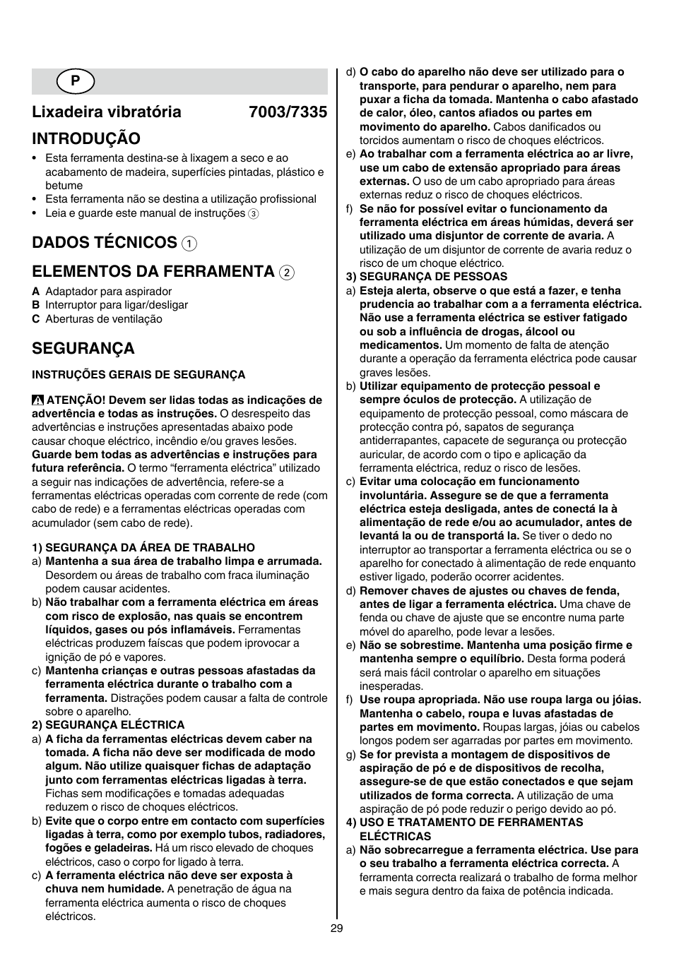 Dados técnicos 1 elementos da ferramenta 2, Segurança | Skil 7003 AA User Manual | Page 29 / 96