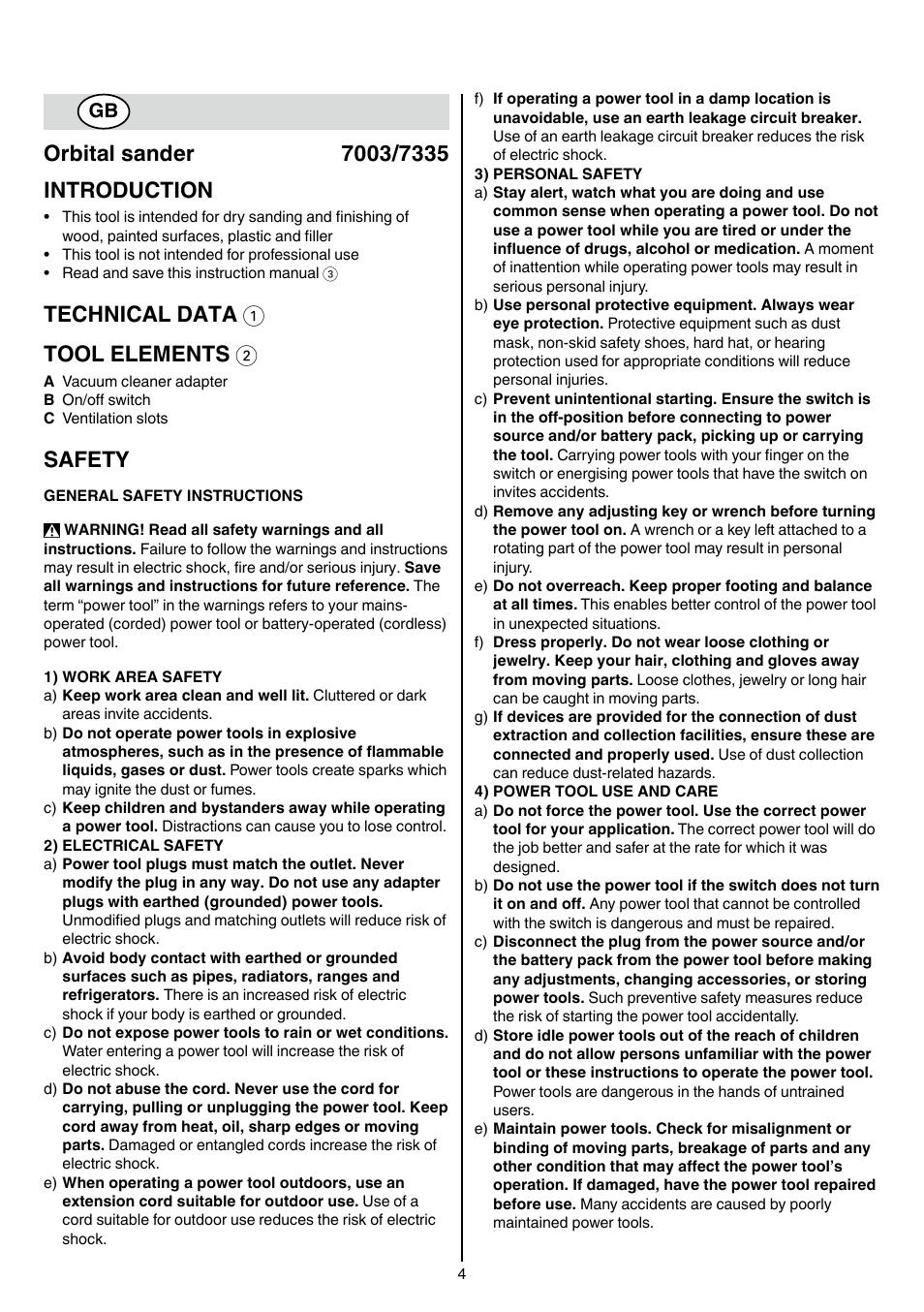 Technical data 1 tool elements 2, Safety | Skil 7003 AA User Manual | Page 4 / 96