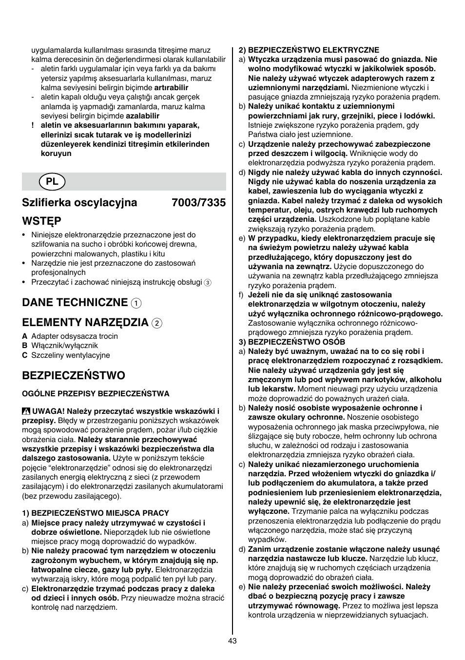 Dane techniczne 1 elementy narzędzia 2, Bezpieczeństwo | Skil 7003 AA User Manual | Page 43 / 96