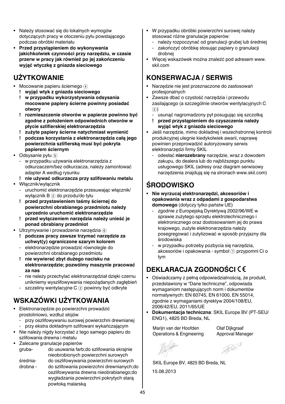 Użytkowanie, Wskazówki użytkowania, Konserwacja / serwis | Środowisko, Deklaracja zgodności | Skil 7003 AA User Manual | Page 45 / 96