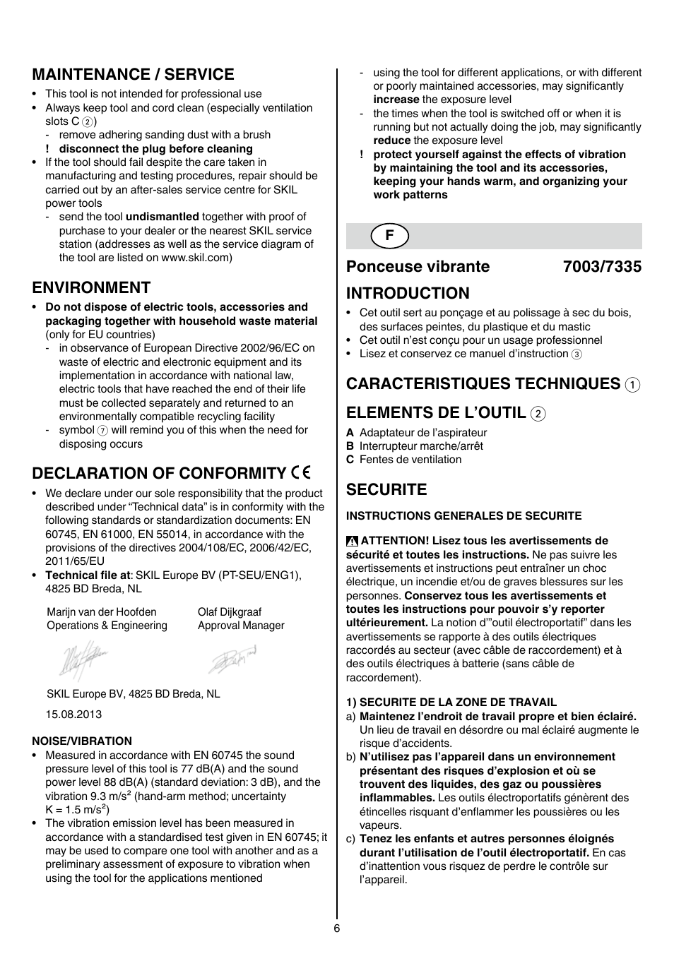 Maintenance / service, Environment, Declaration of conformity | Securite | Skil 7003 AA User Manual | Page 6 / 96