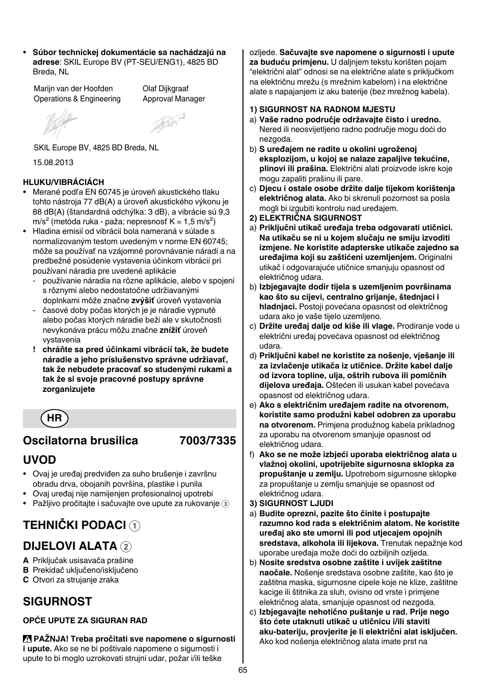 Tehnički podaci 1 dijelovi alata 2, Sigurnost | Skil 7003 AA User Manual | Page 65 / 96
