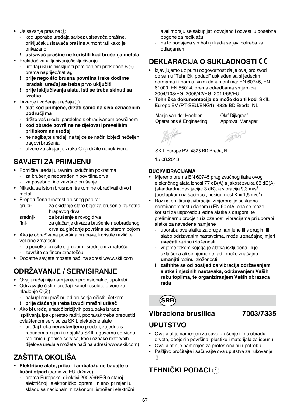 Savjeti za primjenu, Održavanje / servisiranje, Zaštita okoliša | Deklaracija o sukladnosti, Tehnički podaci 1 | Skil 7003 AA User Manual | Page 67 / 96