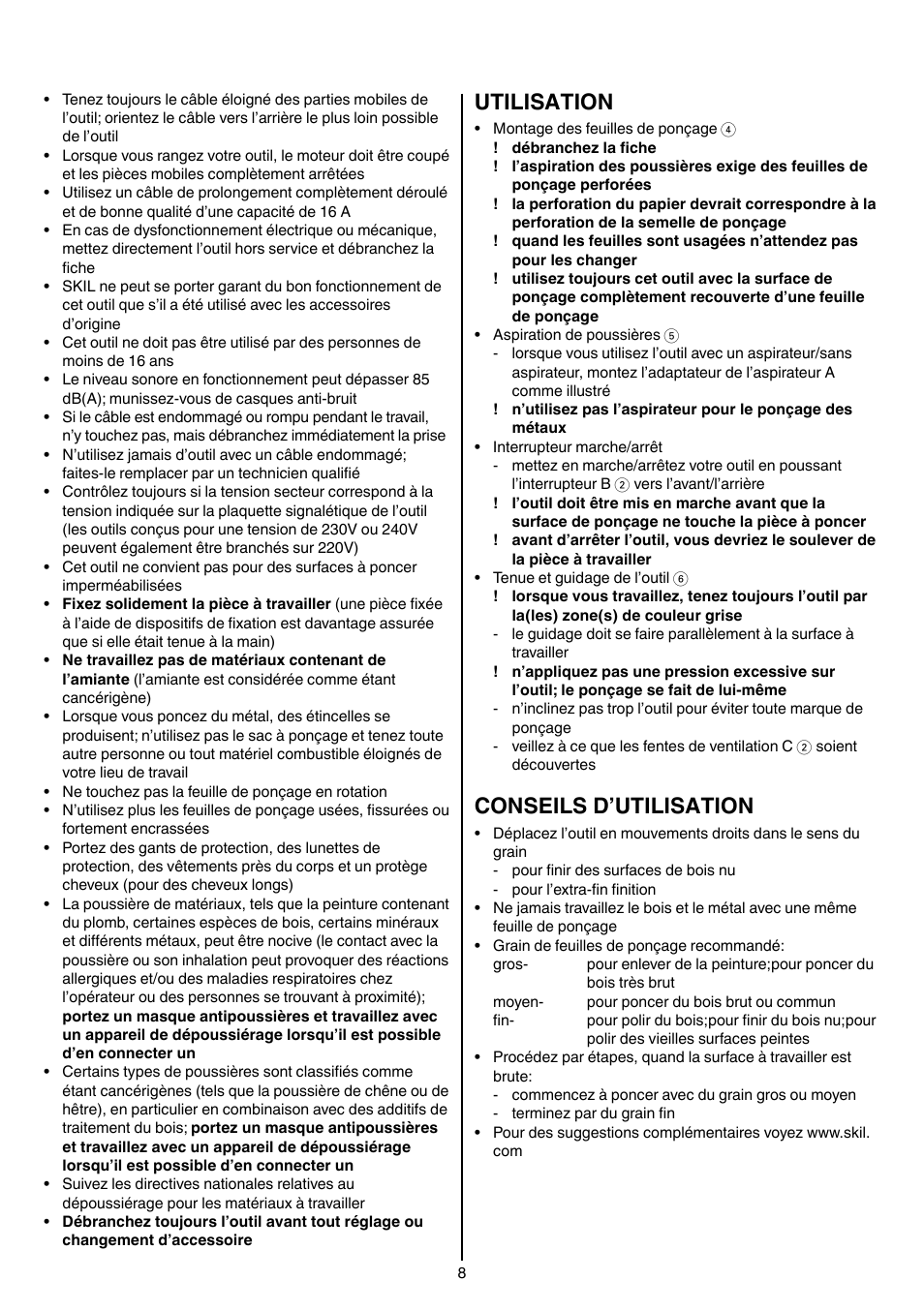 Utilisation, Conseils d’utilisation | Skil 7003 AA User Manual | Page 8 / 96