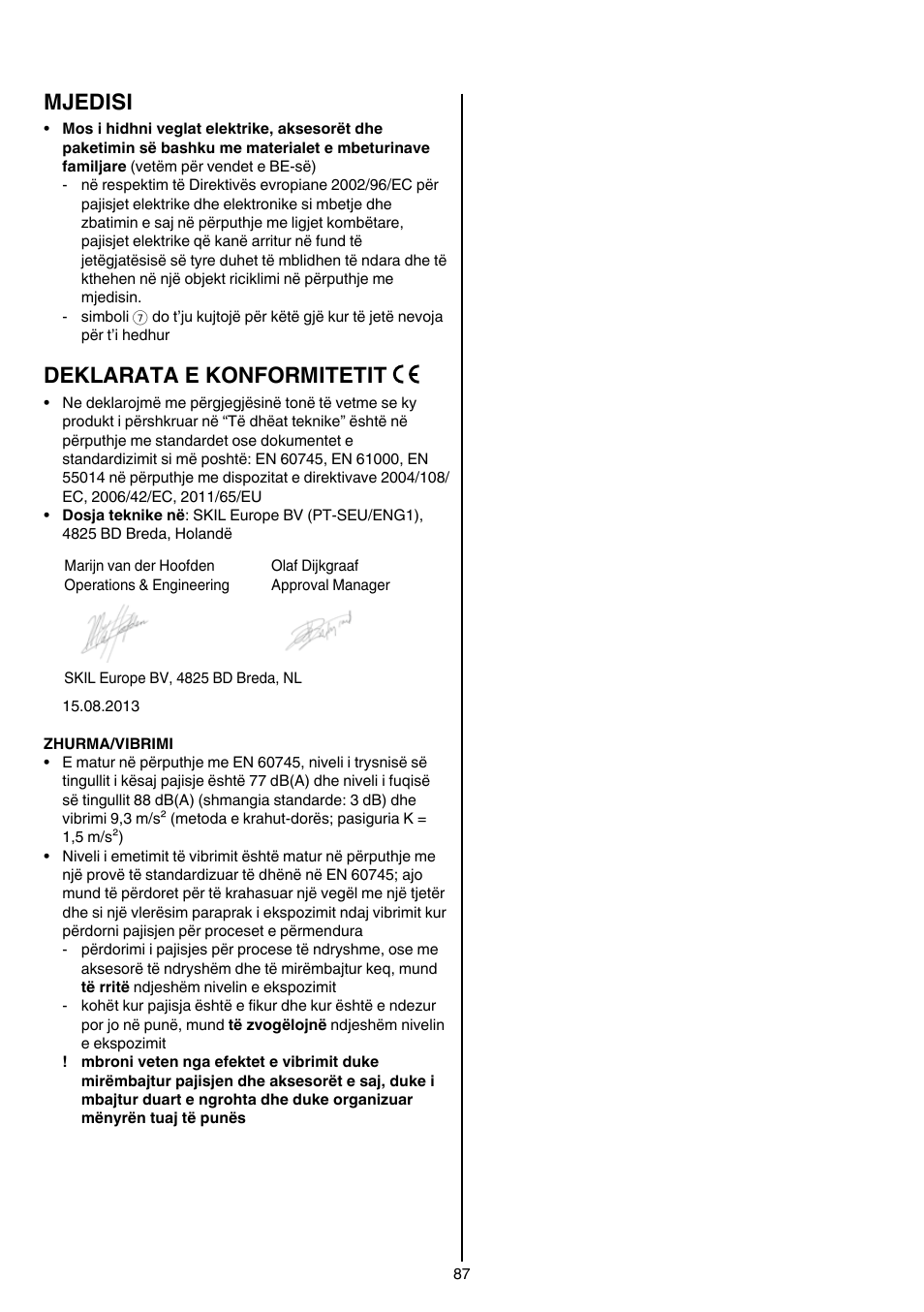 Mjedisi, Deklarata e konformitetit | Skil 7003 AA User Manual | Page 87 / 96