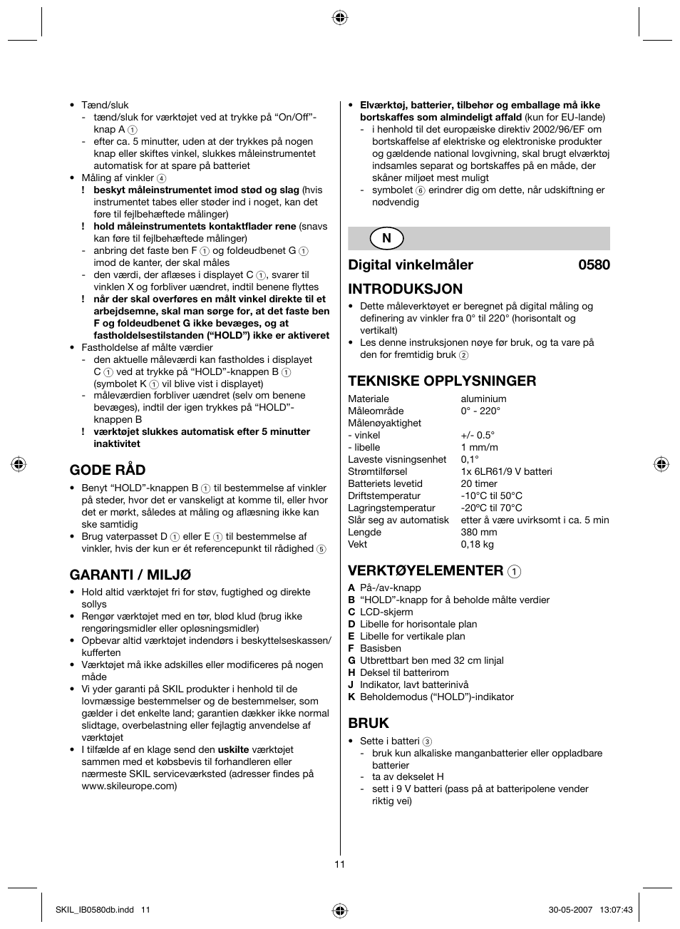 Gode råd, Garanti / miljø, Digital vinkelmåler 0580 introduksjon | Tekniske opplysninger, Verktøyelementer 1, Bruk | Skil 0580 AA User Manual | Page 11 / 40