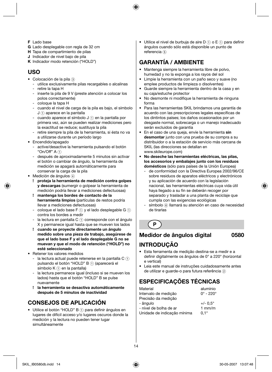 Consejos de aplicación, Garantía / ambiente, Medidor de ângulos digital 0580 introdução | Especificações técnicas | Skil 0580 AA User Manual | Page 14 / 40