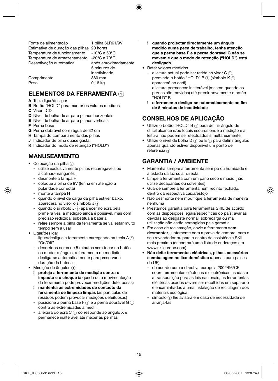 Elementos da ferramenta 1, Manuseamento, Conselhos de aplicação | Garantia / ambiente | Skil 0580 AA User Manual | Page 15 / 40