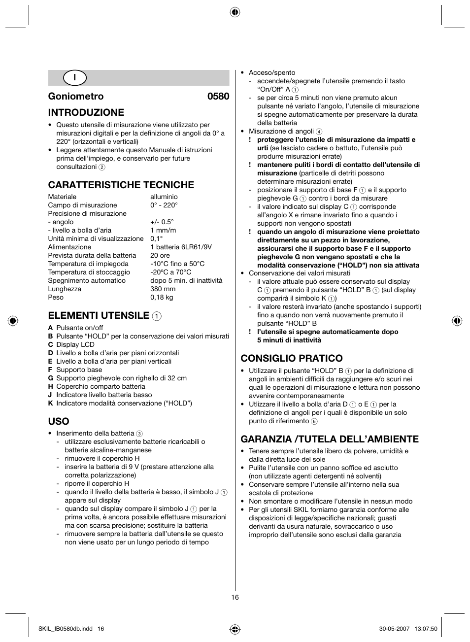 Goniometro 0580 introduzione, Caratteristiche tecniche, Elementi utensile 1 | Consiglio pratico, Garanzia /tutela dell’ambiente | Skil 0580 AA User Manual | Page 16 / 40