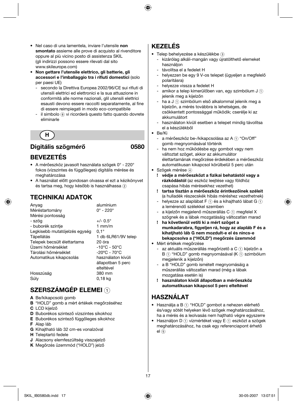 Digitális szögmérő 0580 bevezetés, Technikai adatok, Szerszámgép elemei 1 | Kezelés, Használat | Skil 0580 AA User Manual | Page 17 / 40
