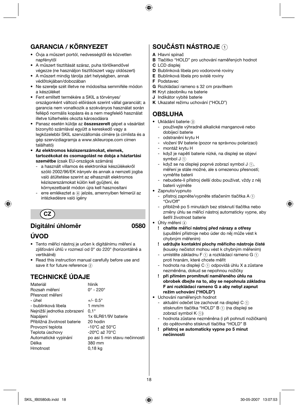 Garancia / környezet, Digitální úhloměr 0580 úvod, Technické údaje | Součásti nástroje 1, Obsluha | Skil 0580 AA User Manual | Page 18 / 40