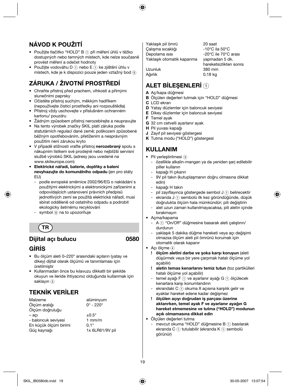 Návod k použití, Záruka / životní prostředí, Dijital açı bulucu 0580 giris | Teknik veriler, Alet bileşenleri 1, Kullanim | Skil 0580 AA User Manual | Page 19 / 40
