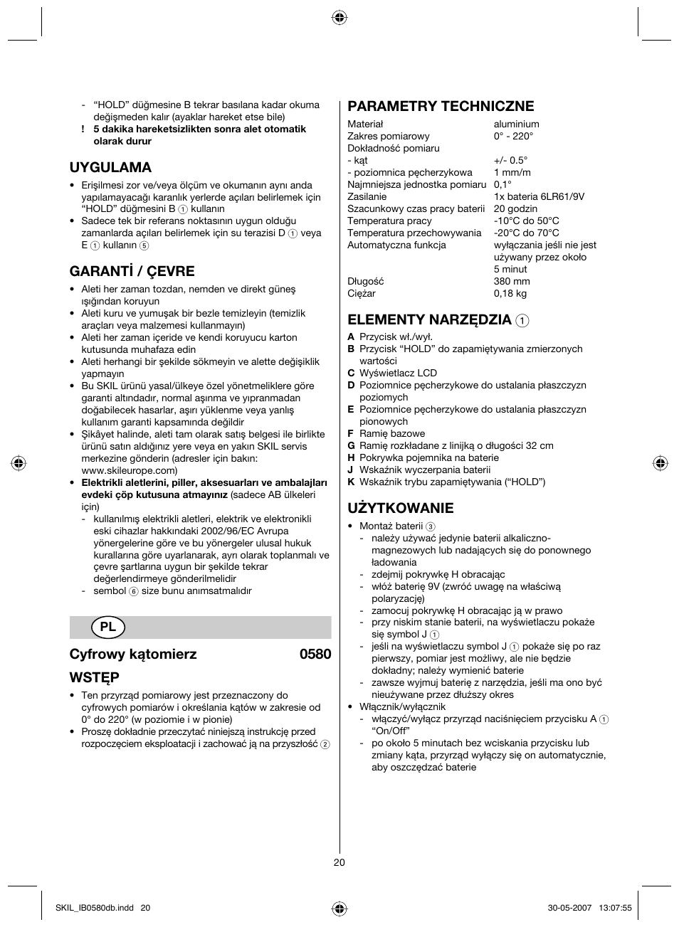 Uygulama, Garanti / çevre, Cyfrowy kątomierz 0580 wstęp | Parametry techniczne, Elementy narzędzia 1, Użytkowanie | Skil 0580 AA User Manual | Page 20 / 40