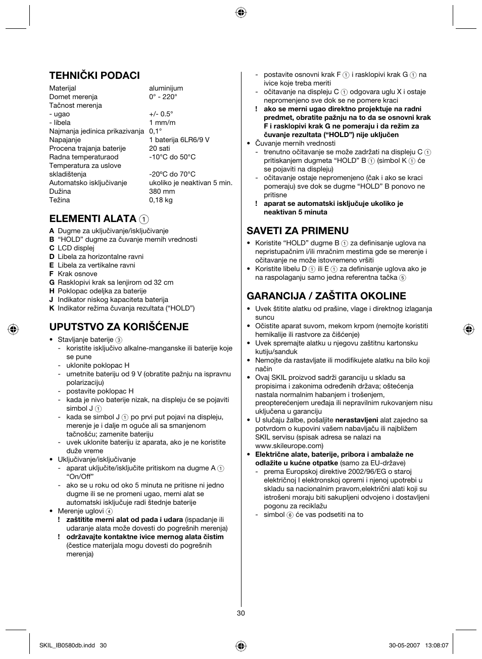 Tehnički podaci, Elementi alata 1, Uputstvo za korišćenje | Saveti za primenu, Garancija / zaštita okoline | Skil 0580 AA User Manual | Page 30 / 40