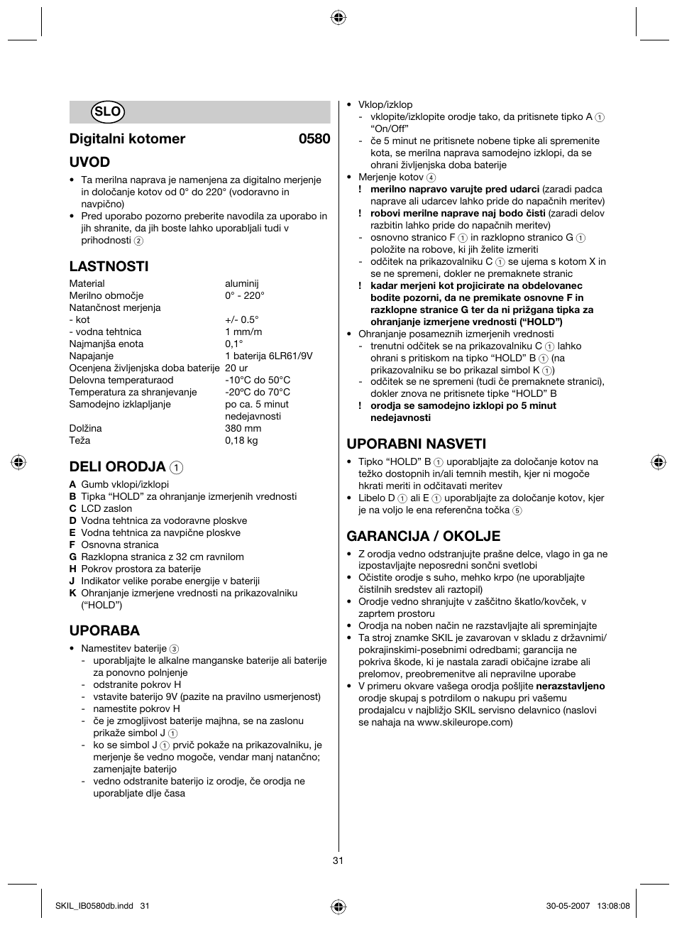 Digitalni kotomer 0580 uvod, Lastnosti, Deli orodja 1 | Uporaba, Uporabni nasveti, Garancija / okolje | Skil 0580 AA User Manual | Page 31 / 40
