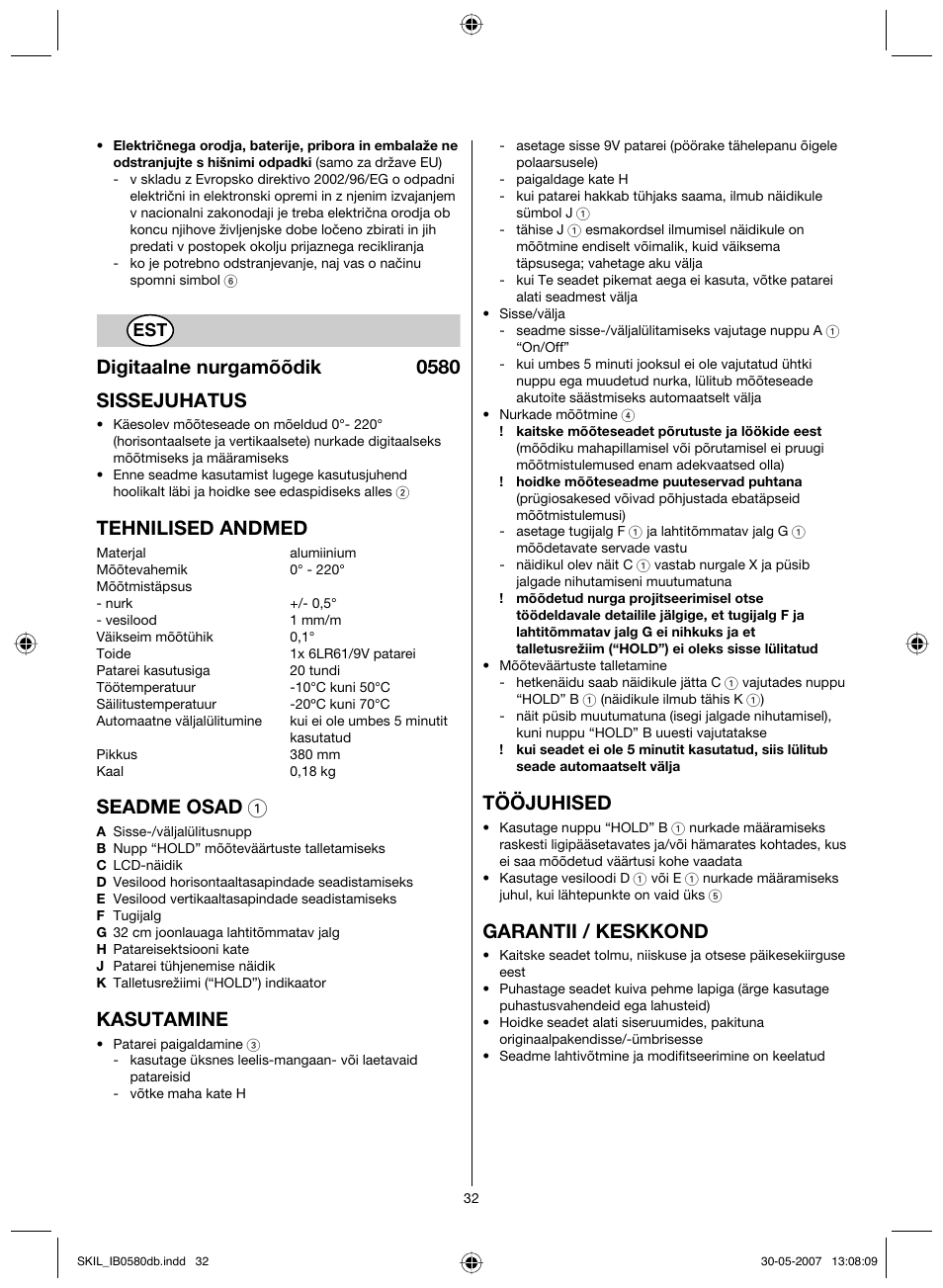 Digitaalne nurgamõõdik 0580 sissejuhatus, Tehnilised andmed, Seadme osad 1 | Kasutamine, Tööjuhised, Garantii / keskkond | Skil 0580 AA User Manual | Page 32 / 40