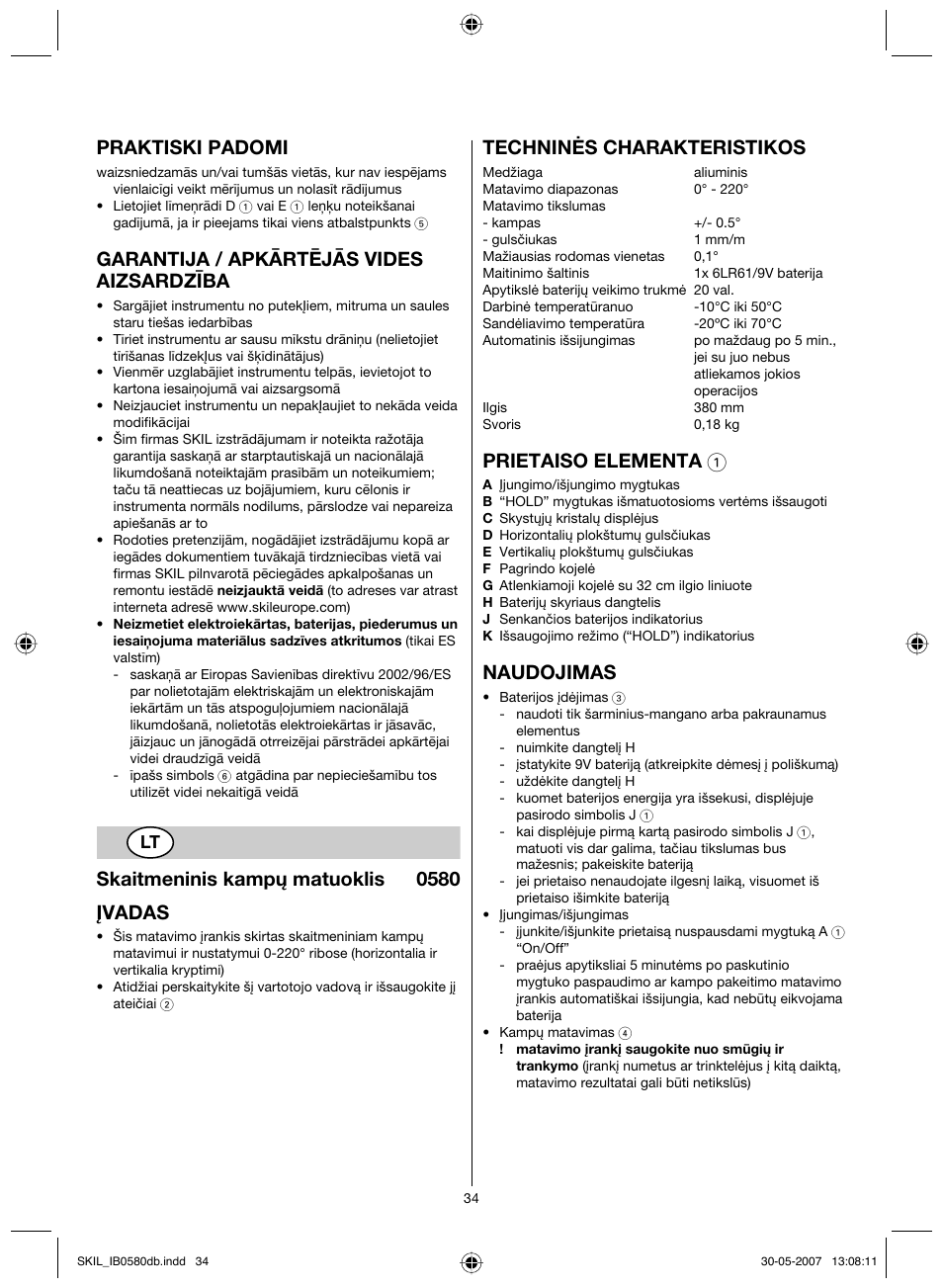Praktiski padomi, Garantija / apkārtējās vides aizsardzība, Skaitmeninis kampų matuoklis 0580 įvadas | Techninės charakteristikos, Prietaiso elementa 1, Naudojimas | Skil 0580 AA User Manual | Page 34 / 40