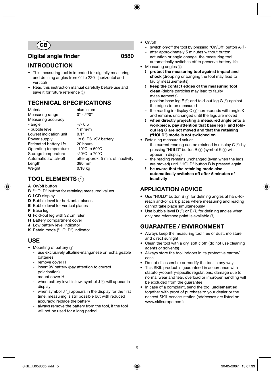 Digital angle finder 0580 introduction, Technical specifications, Tool elements 1 | Application advice, Guarantee / environment | Skil 0580 AA User Manual | Page 5 / 40