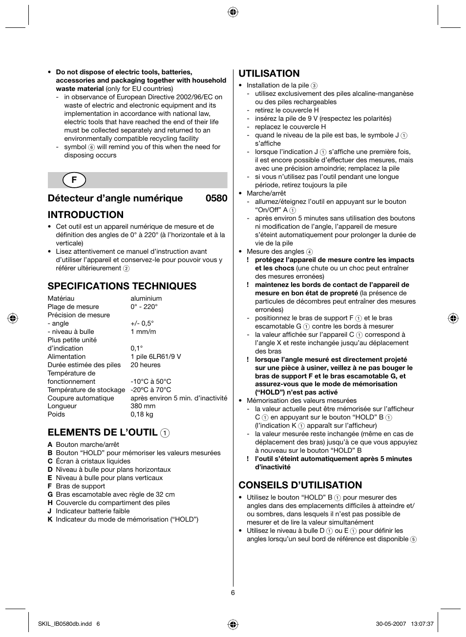 Détecteur d’angle numérique 0580 introduction, Specifications techniques, Elements de l’outil 1 | Utilisation, Conseils d’utilisation | Skil 0580 AA User Manual | Page 6 / 40