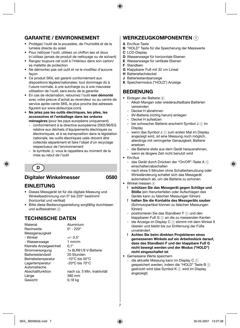 Garantie / environnement, Digitaler winkelmesser 0580 einleitung, Technische daten | Werkzeugkomponenten 1, Bedienung | Skil 0580 AA User Manual | Page 7 / 40